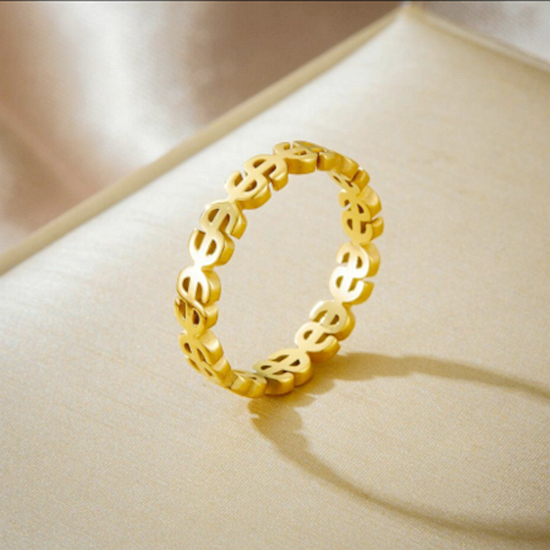Luxurious Stainless Steel US Dollar Symbol Ring 4MM Creative Designer 18K Gold Silver Plated TItanium Steel USD Rings for Women Men Wedding Jewelry Gi