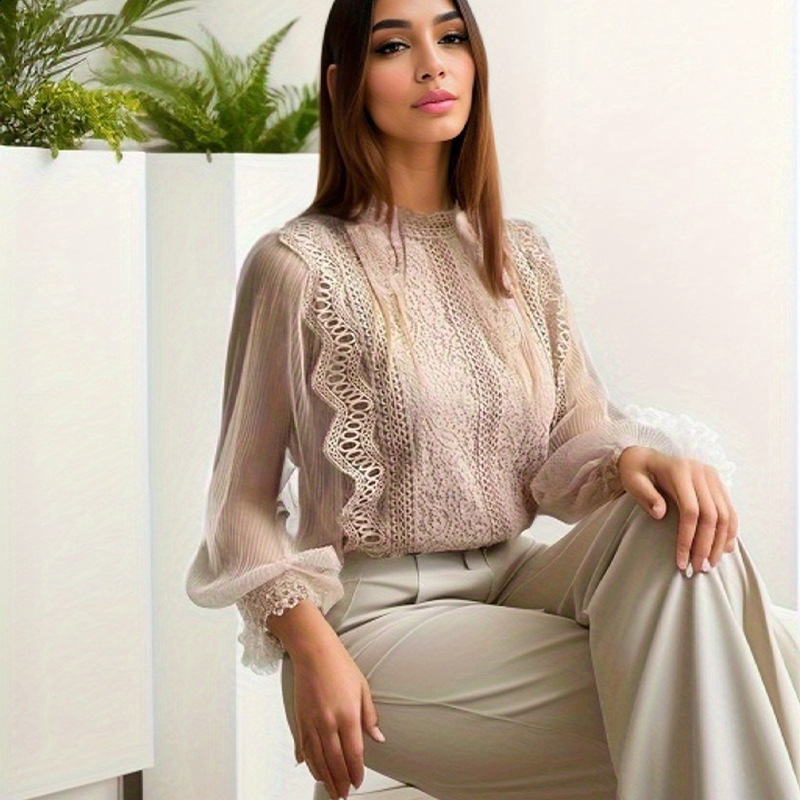 Mesh Long Sleeve Lace Blouse | Elegant Solid Color Round Neck Top