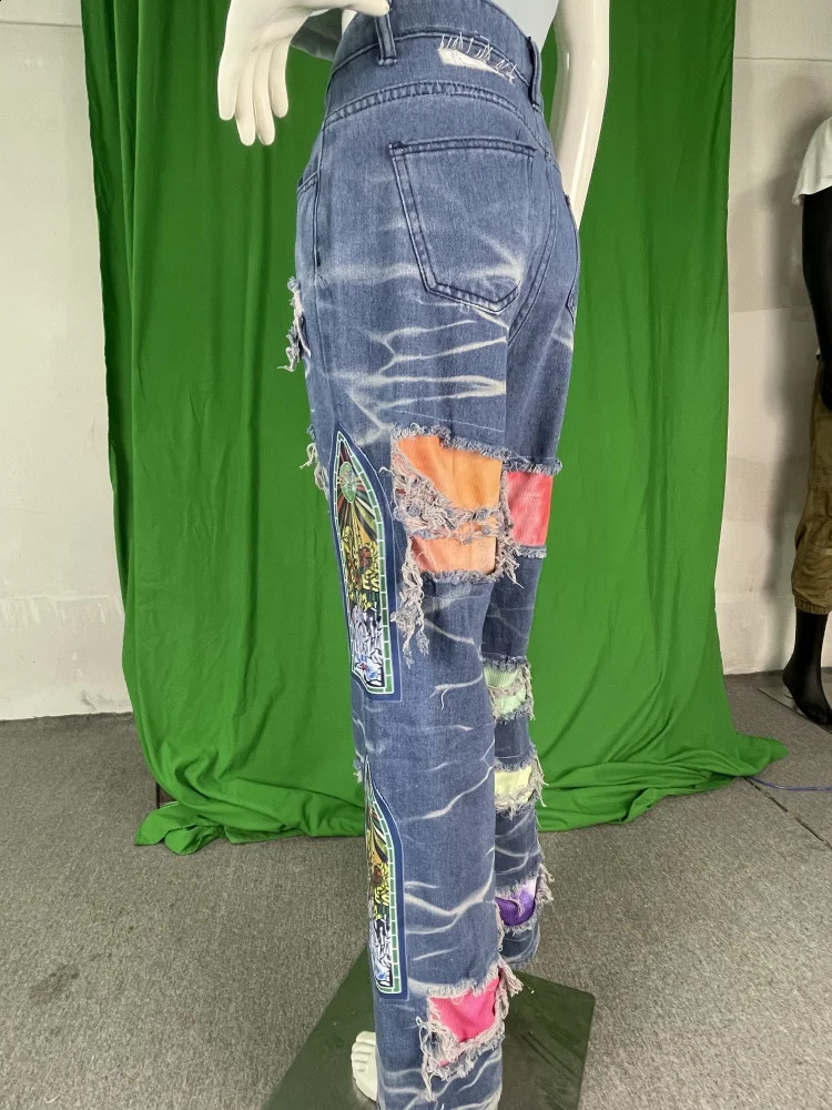 CM. YAYA Street Jeans Womens Eye Patch Work High Waist Zipper Flying Jeans 2024 Tear Trouser Street Tight High Waist Pants 240927