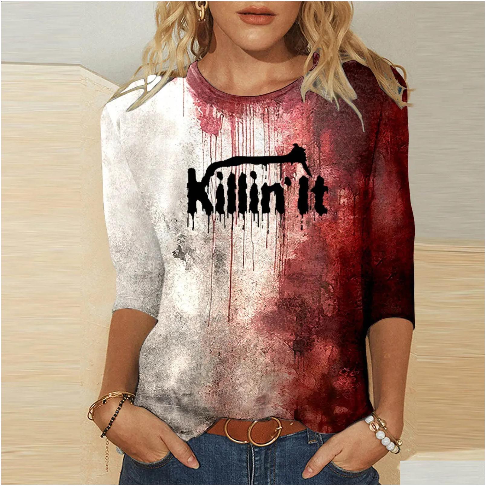 T-Shirt Problem Solved Bloody Fonts Tshirt Halloween Ladies Printed Long Sleeve Crew Neck T Shirt Top Distressed Slim Party Y2K Cloth Dhjfd