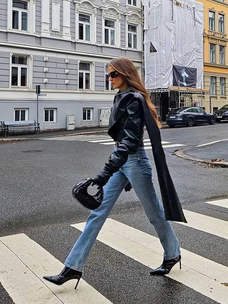 Pu leather open top jacket womens retro cape shawl collar jacket zipper womens spring fashion ultra-thin cool street clothing womens top W240926