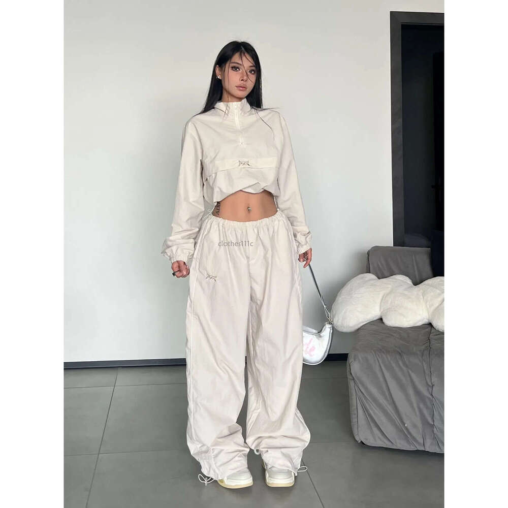 HOUZHOU Y2k Streetwear Khaki Pants Sets Women Gorpcore Vintage 90S Beige Tracuit Oversized Kpop Fashion Haruku Two Piece Set