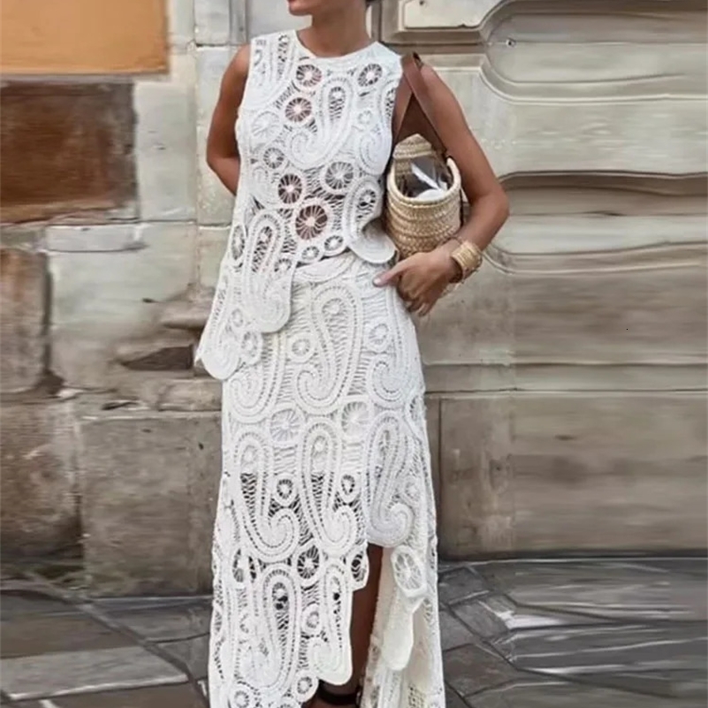 Crochet Knitted Asymmetric Womens Dress Set Chic Oneck Sleeveless Top Short Lining Skirt Suit 2023 Fashion Fairy Sweet Outfits y240926