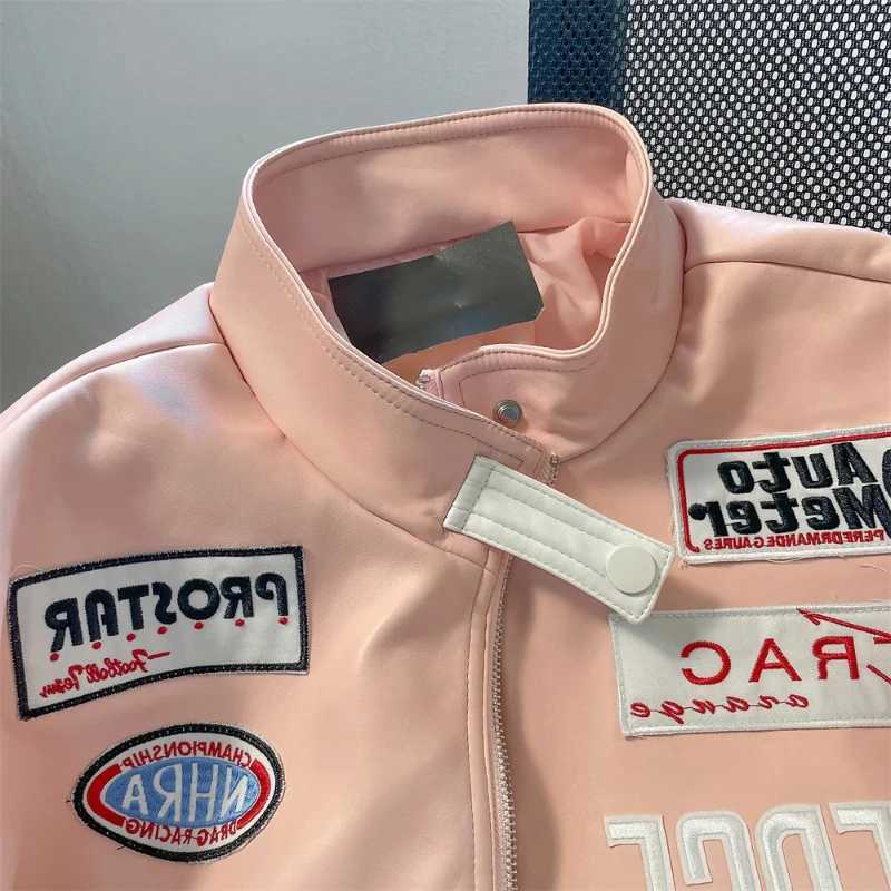 Pink European and American style high-end motorcycle leather jacket workwear baseball uniform high street sweet cool jacket W240926