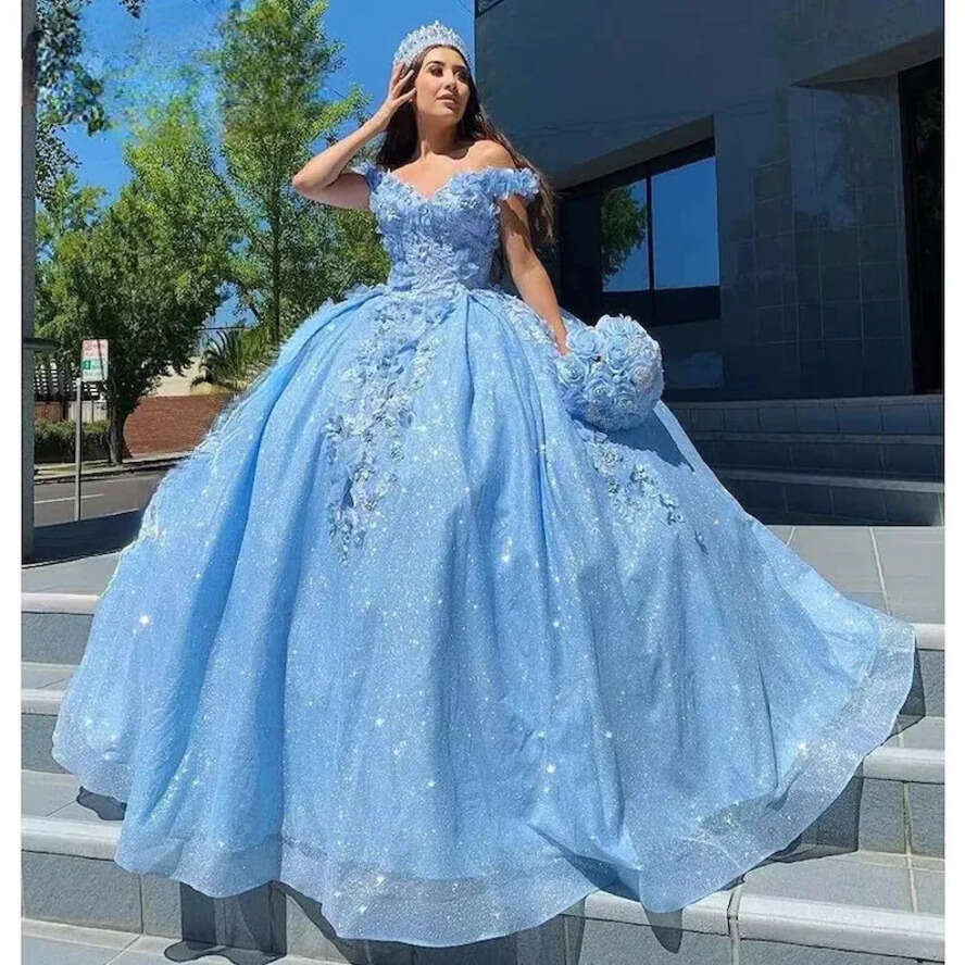 3D Blue Vintage Baby Ral Wers Quinceanera Dresses Mexican With Cape Robe Corset Ball Gown Vestido De 15 Sweet 328