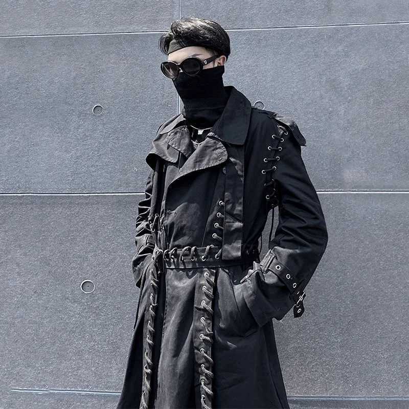2023 Double Chest Brushed Patch Work Techwear Trench Jacket Mens Hip Hop Punk Long Jacket Street Fashion Gabardina Hombre W240926
