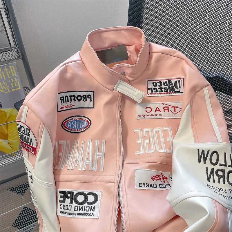 Pink European and American style high-end motorcycle leather jacket workwear baseball uniform high street sweet cool jacket W240926