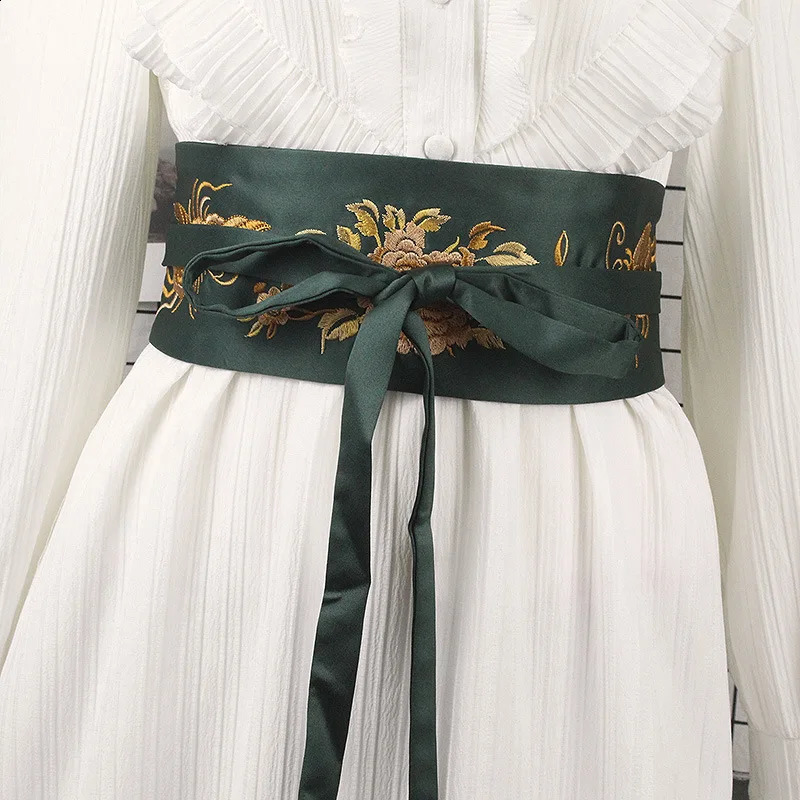 Black retro embroidered wide waistband womens embroidered decorative Chinese ethnic style belt suitable for dresses and Hanbok 240924