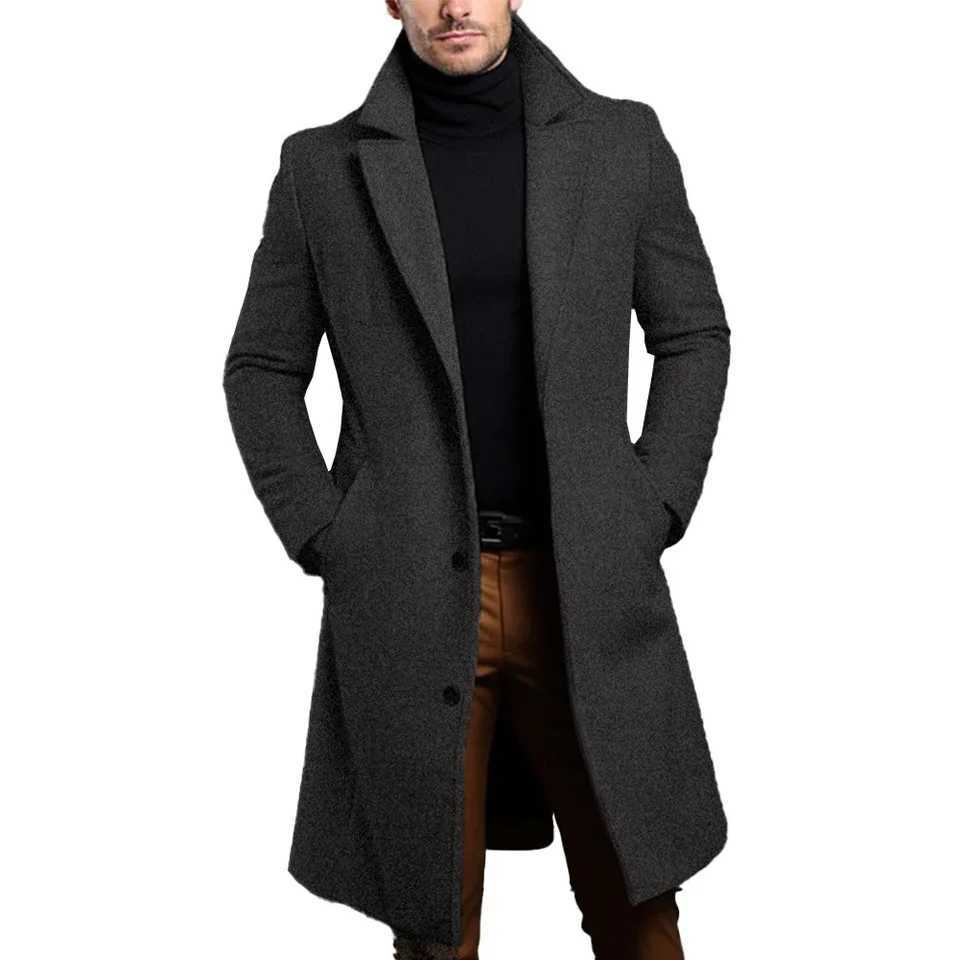 Warm and comfortable mens black trench coat long sleeved single chest coat suitable for autumn and winter W240926