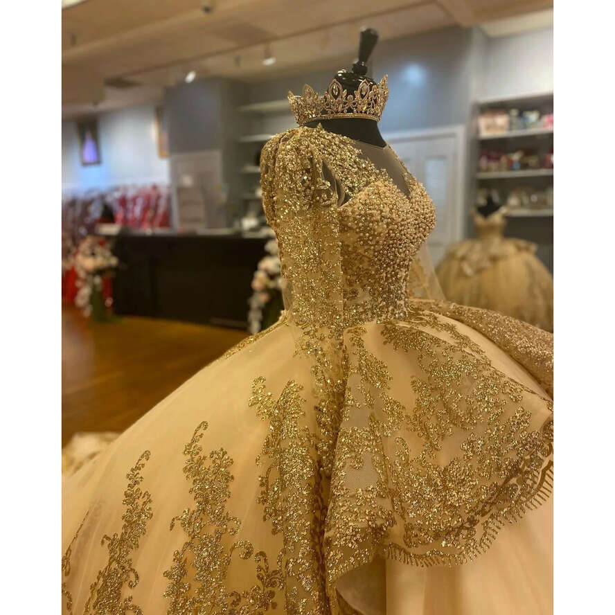 Beading Ball Gown Dubai Wedding Dress Princess Crystal Perals Long Sleeve D Wer Lace Bridal Gowns Beads Bride Robes De Marie S E 0218