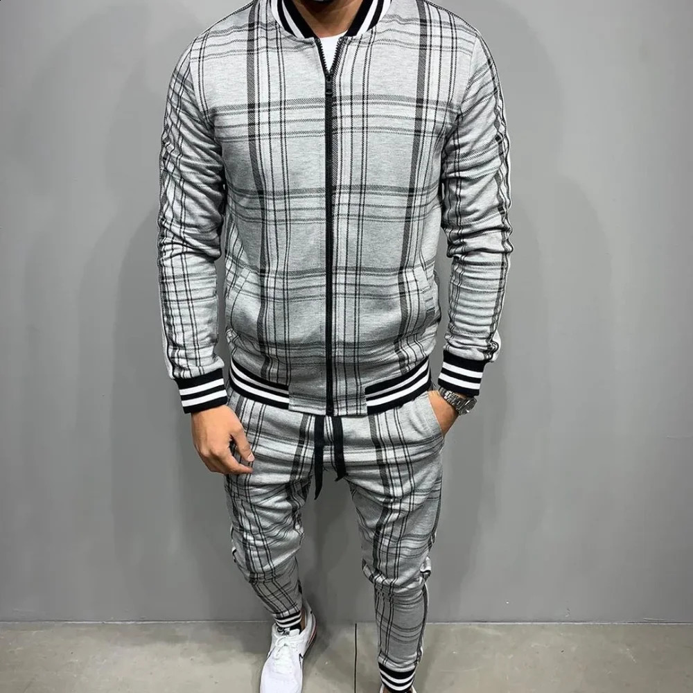mens sportswear mens suit zipper jacket set long sleeved striped jacketpants gym mens suit casual sportswear 240924