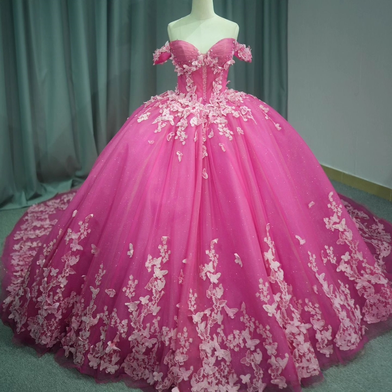 Rose Red Shiny Quinceanera Dresses Elegant Off The Shoulder Beads Crystal Bow Tull Corset Princess Sweet 16 Dress Vestidos 15 De Anos