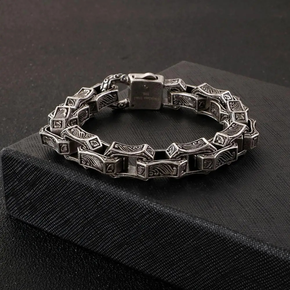 Fangdun Carving Square Charm Bracelet Mens Stainless Steel Box Chain Bracelet Mens Antique Silver Jewelry 240918