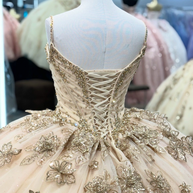Light Champagne Quinceanera Dresses Spaghetti Strap wer Appliques Crystals Beading Tull Ball Gown Sweet 16 Dress Vestidos De 15 Anos