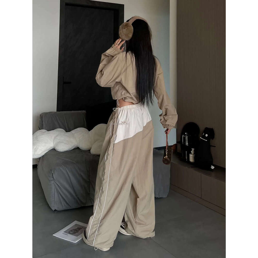 HOUZHOU Y2k Streetwear Khaki Pants Sets Women Gorpcore Vintage 90S Beige Tracuit Oversized Kpop Fashion Haruku Two Piece Set