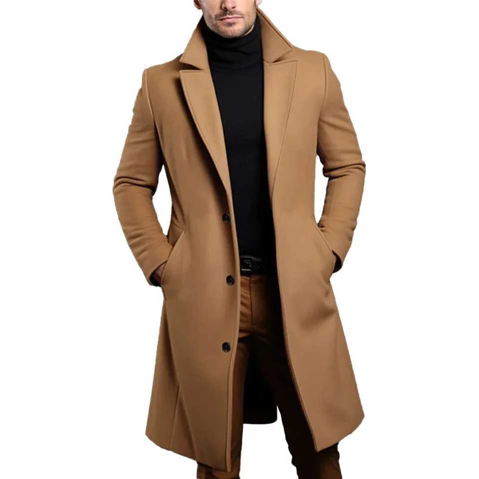 Warm and comfortable mens black trench coat long sleeved single chest coat suitable for autumn and winter W240926