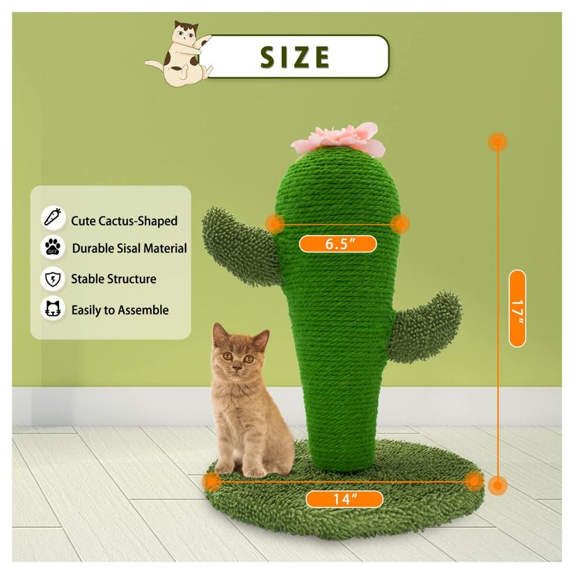 Cute Cat Cactus Floor-to-Ceiling Cat Scratching Post - Natural Sisal Cat Scratcher for Indoor Cats and Kittens