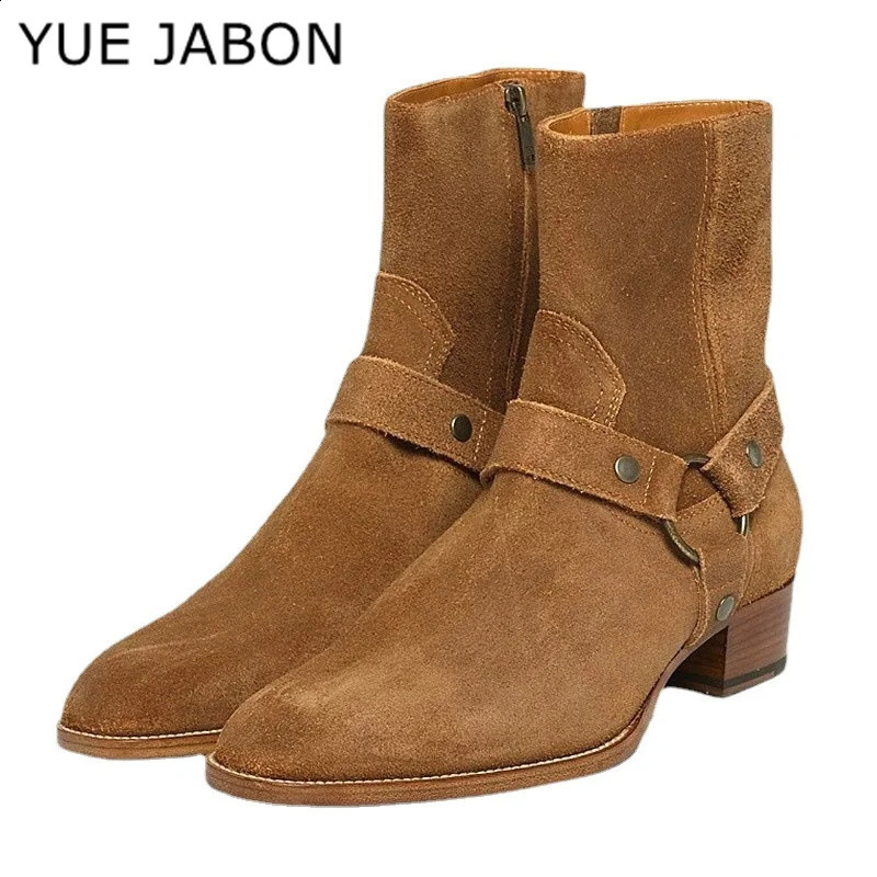 Brown Mens Chelsea Boots Handmade High Quality Cowhide Face Business Casual Square Toe Middle Heel Mens Bicycle Boots 240926
