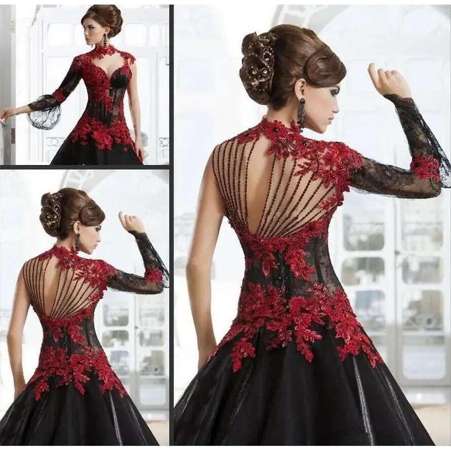 Neck Masquerade Victorian High Red And Black A-E Lace Appliques Gothic Bridal Dresses Beading Back Wedding Gowns