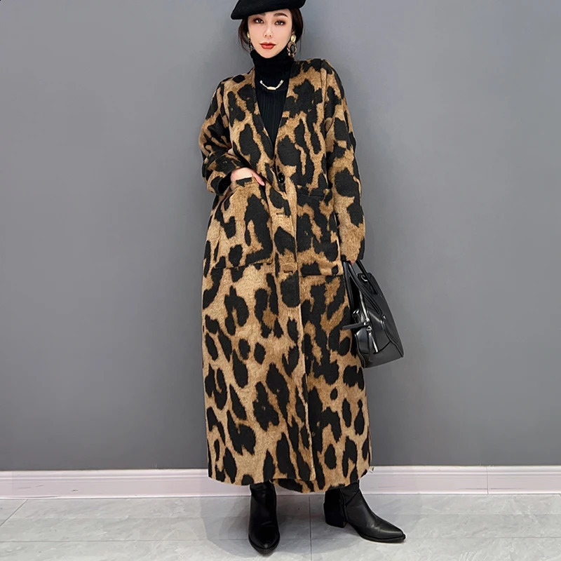 Winter Woman Trench Coat Long Jacket Single Breasted Brown Leopard Print Loose Fit Oversized Windbreaker Outerwear JJCT029 240926