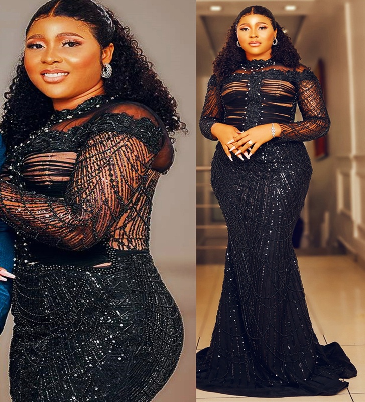 2024 Plus Size Prom Evening Dresses For Black Women Mermaid High Neck Long Sleeves Beaded Lace Pearls Birthday Dress Second Reception Gown AM1623