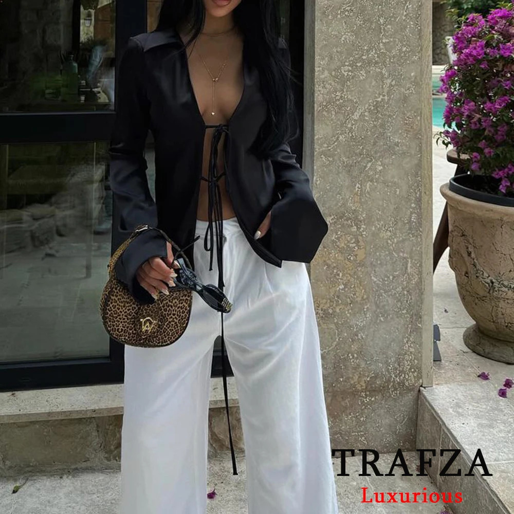 TRAFZA Sexy Black Satin Bow Tie Shirt Long Sleeve V Neck Slim Blouses Fashion 2024 Summer Elegant Silky Tops 240926