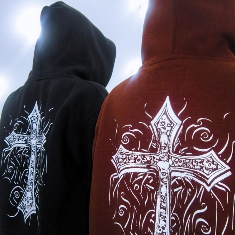 Gothic Style Cross Graphic Zip Up Fleece Hoodies Men Y2K Autumn Long Sleeves Vintage Oversize Sweatshirt Streetwear Women Tops 240913