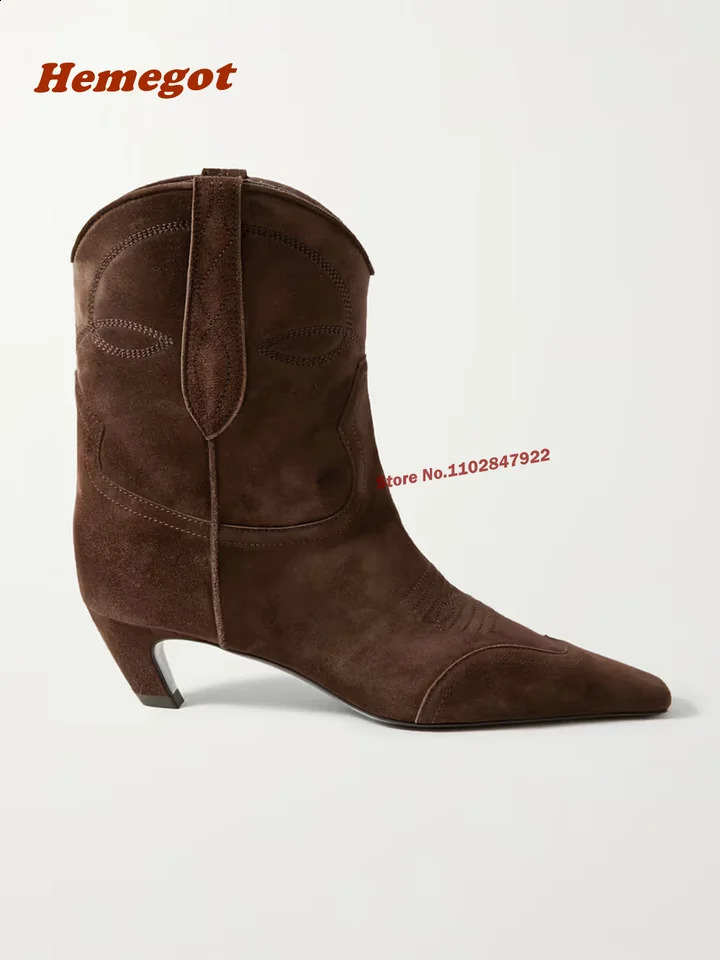 Embroidered suede cowboy boots with mid calf toes for women casual dark brown latest fashion winter 2024 plus size shoes 240930
