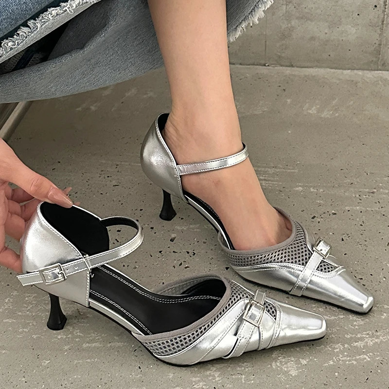 New sexy T-shaped strap womens high heels womens slider angle toe mule rivet womens thin high heels shoes 240925