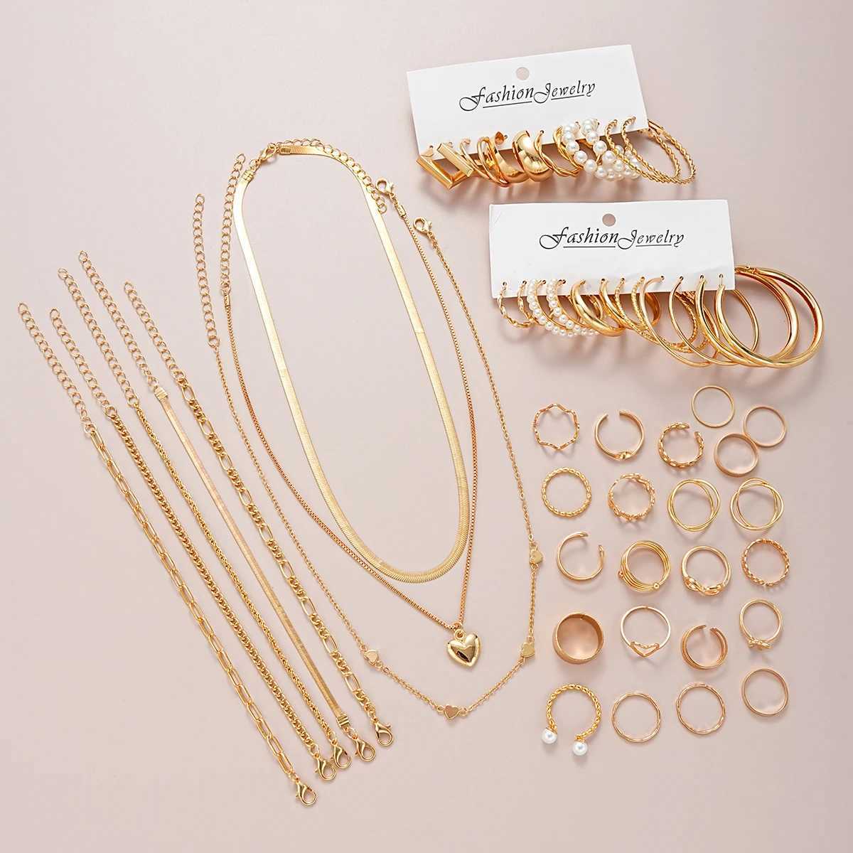 42 pieces/set of fashionable metal hoop earrings necklaces bracelets ankle rings Cbinations jewelry set 2024 Wenzhou gift Y240926