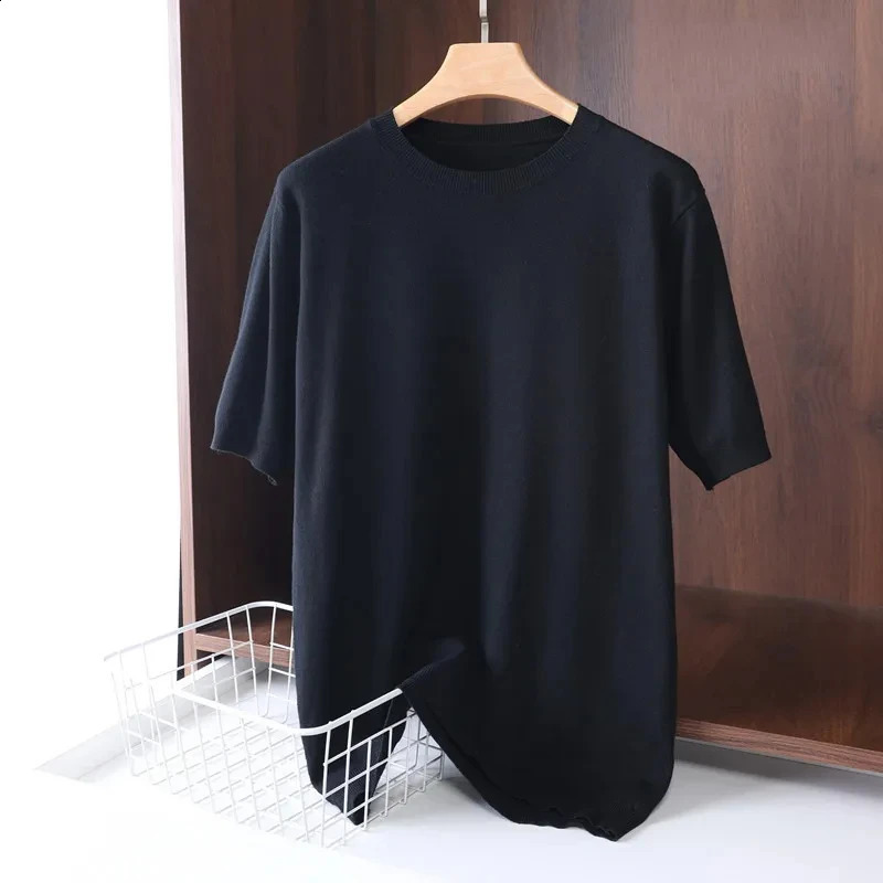 Superfine Merino Wool T Shirt Mens Knitted O-neck Breathable Thin Cashmer Short Sleeve Tee Solid Color Tops 240927