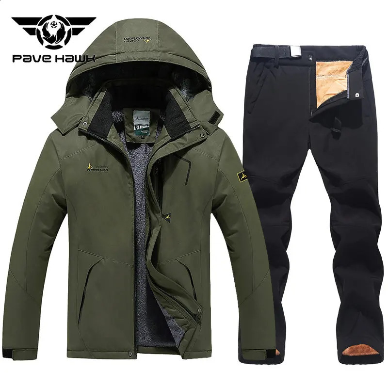 Winter skiing suit mens thick waterproof windproof hooded skiing jacket pants wool outdoor mountain skiing board skiing suit set 240914 - view 3