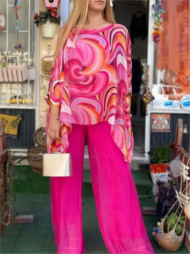 Trendy Print Chiffon 2 Piece Set Outfits Summer Autumn Temperament Batwing Sleeve Loose Blouse Wide Leg Trousers Suits 240927