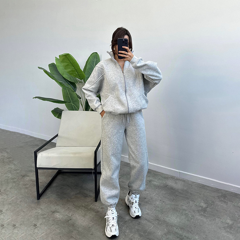 dongdumaoyi Women s clothing autumn new fashion zipper pocket hoodie loose sweatpants casual set F0927#78