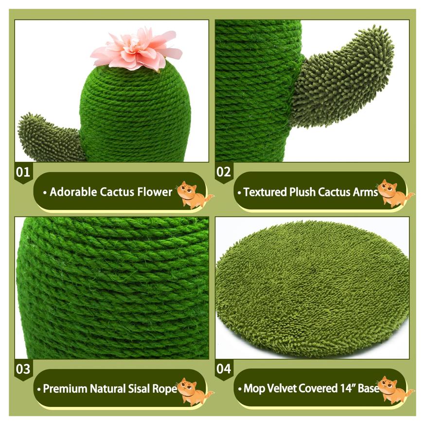 Cute Cat Cactus Floor-to-Ceiling Cat Scratching Post - Natural Sisal Cat Scratcher for Indoor Cats and Kittens