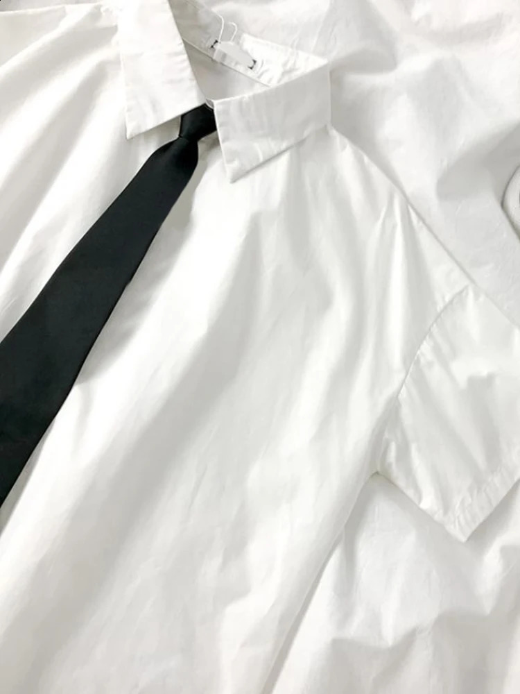 ZOKI White Shirt Fashion Black Tie Japan Style Preppy Students JK Girls Blouse Simple Solid Loose Summer Button Up Tops 240926