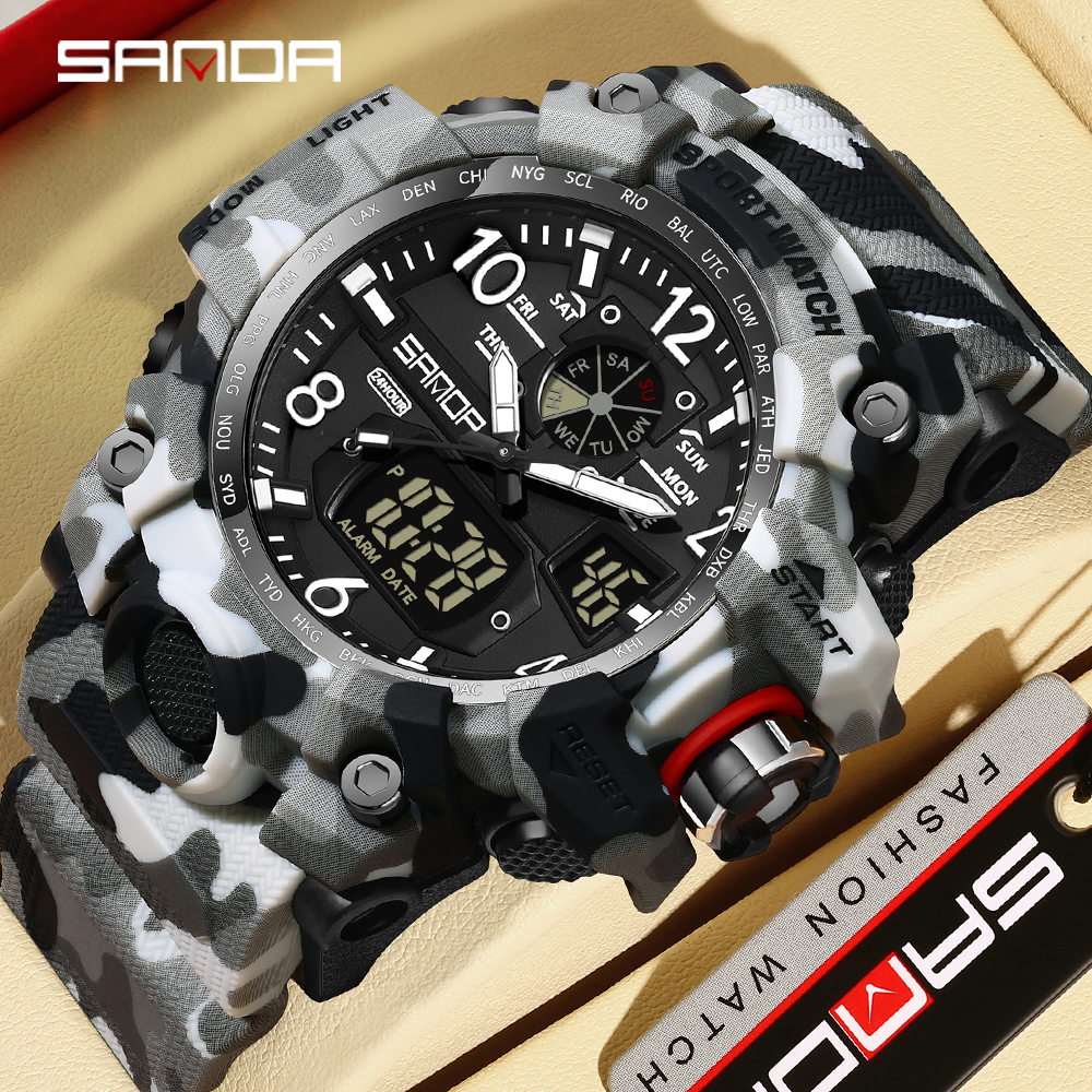 SANDA 3358 Outdoor Electronic Men's Watch Display Quartz Men's Clock Sports Military Watch Camouflage LED Digital Watch 07