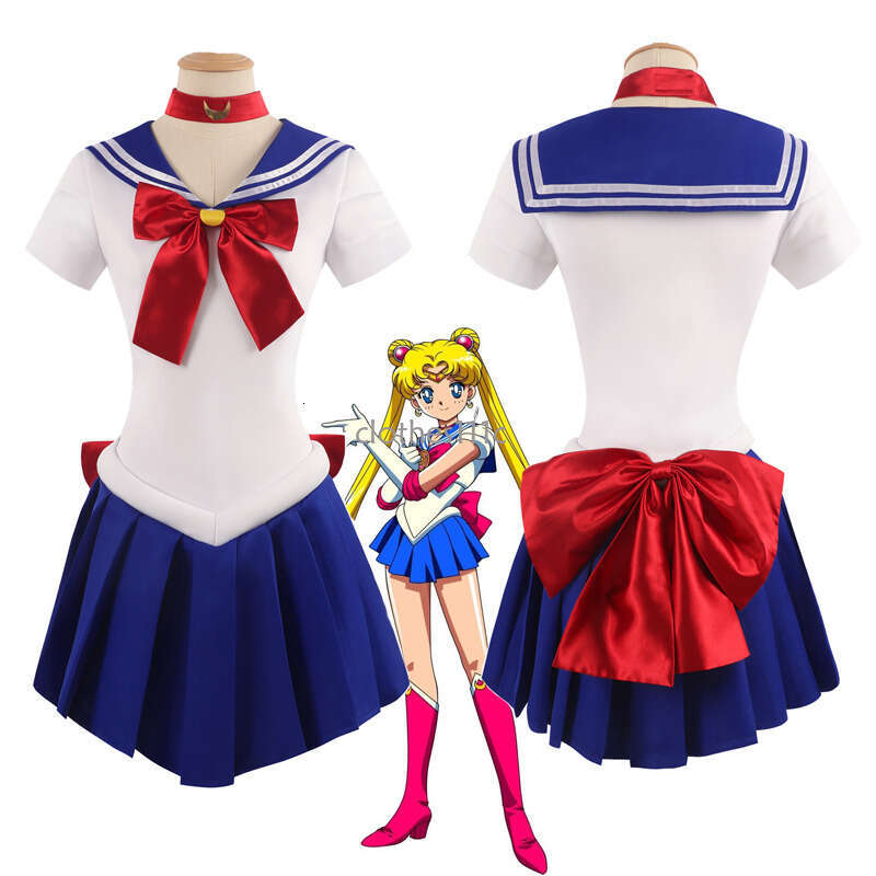 Women's Moon Tsukino Usagi Adult Cosplay Costume 7 Pcs Set Crystal Sailor Suit Dress Wig Props Uniform Outfit Halloween