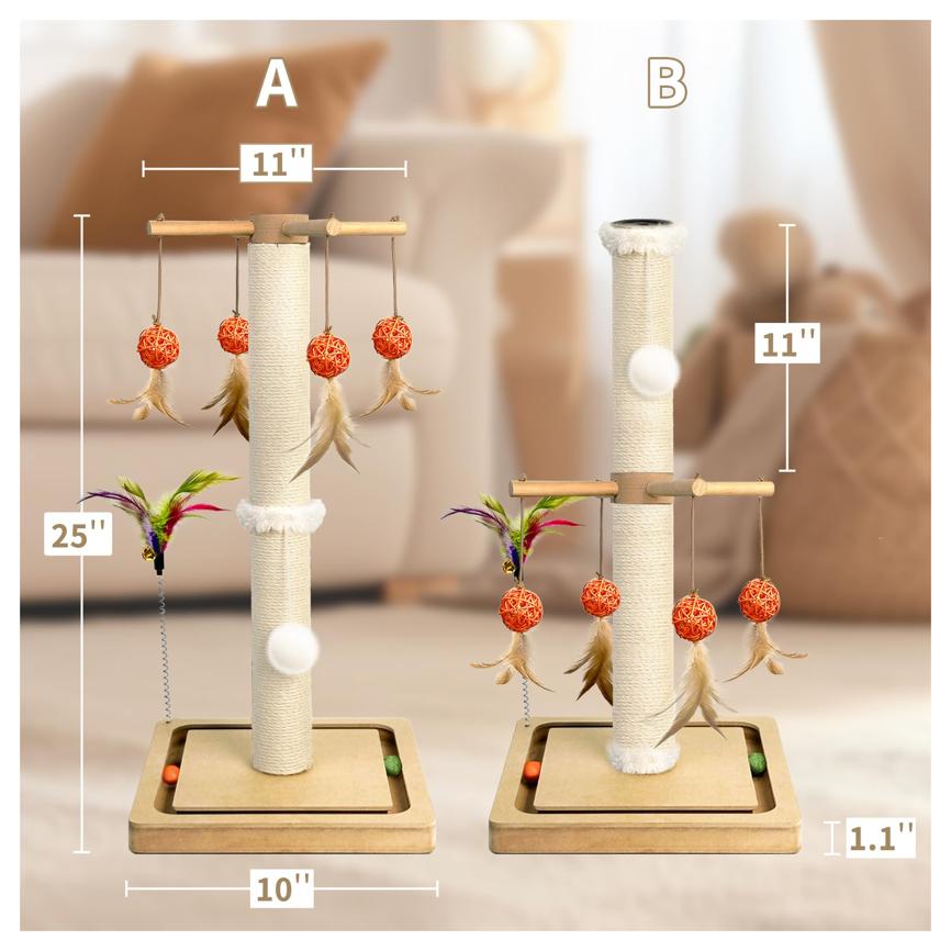 Post, Sisal Scratching Posts Indoor Cats Adults with Hanging Ball and Interactive Toys, 2 Mounting Methods Cat Scratcher for Kitten Cats, 25 inches