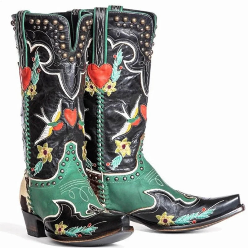 Lanjia Winter Blue Western Cowboy Women Shoes Thick Heels Pointed Toe Embroidered Mid Calf Boots Fashion Cowgirl Booties D