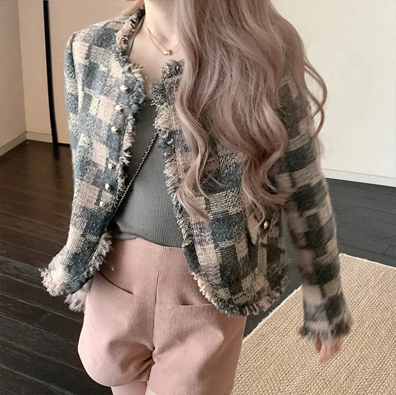 Yqgfs Crimson Romantic Coarse Felt Style Jacket Loose Fit Casual Top Womens Grey Plaid N Staff Collar