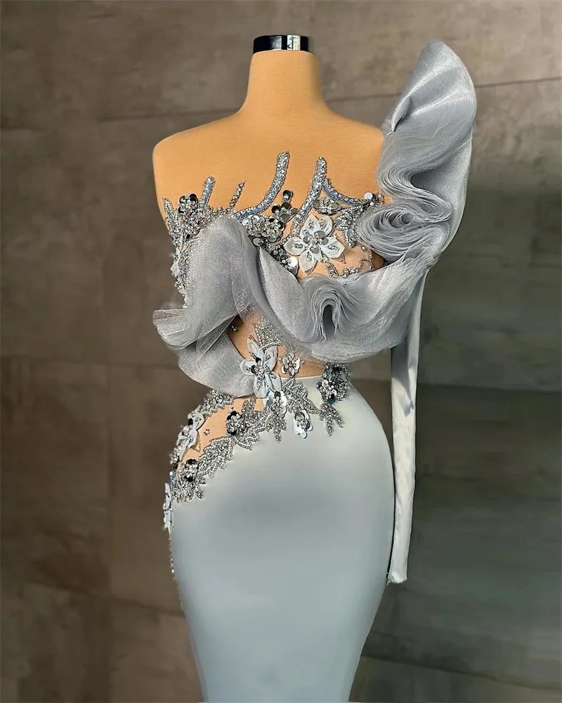 Stylish Evening Dresses Sequins Appliques Prom Gowns 3D wers One Shoulder Ruffle Tail Mermaid Custom Made Party Vestidos de noche