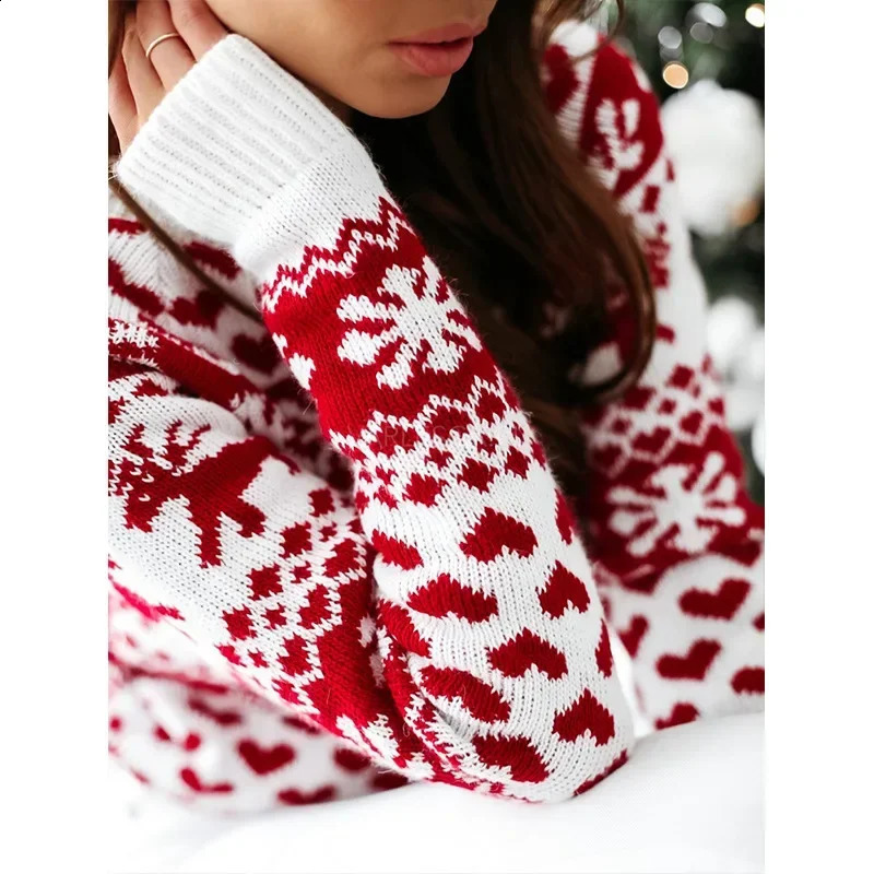 Xmas Look 2024 Women Christmas Sweater Print Jacquard Knitted Jumper Full Sleeve O Neck Warm Soft Pullover Tops Female Knitwear 240927