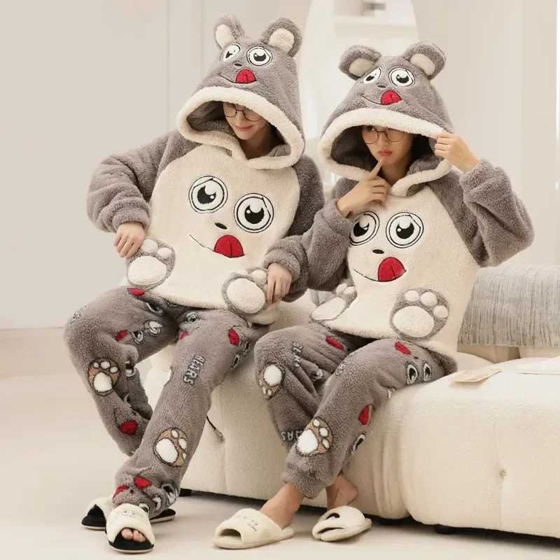 Plush Flce Pajamas Set for Couples Long Slve Hooded Winter Slpwear Warm u0026 Cozy Flannel Pajamas for Men u0026 Women L251018PPG1