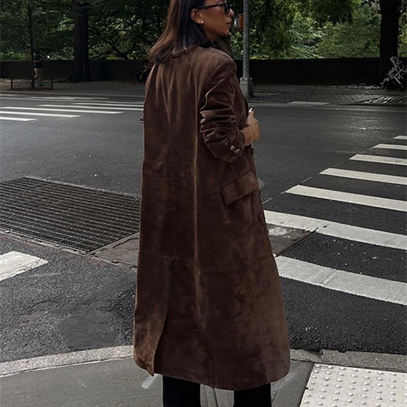 Elegant Suede Leather Women Long Windbreaker Coats Chic Lapel Double Breasted Lady Oversize Jacket 2024 Autumn Street Streetwear 240926