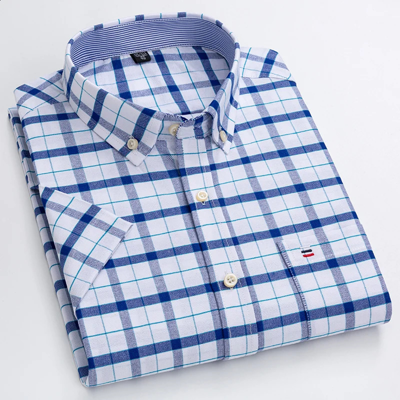 100 Cotton Men Oxford Shirt Short Sleeve Summer Plaid Striped Male Clothes Business Regular Fit Dress Oversized 7XL 6XL 240927