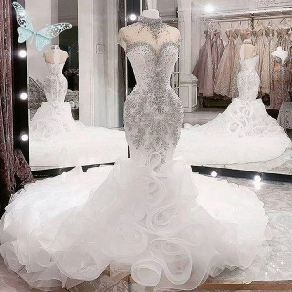 Luxurious White Illusion Wedding Dresses Exquisite High Neck Crystals Applqiues Sweep Ruffles Train Mermaid Glitter Bridal Gowns for Women Robe De Mar
