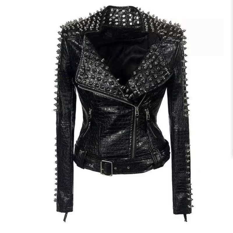 Womens short leather jacket Gothic ultra-thin jacket long sleeved clothing Harajuku fashion top Y2k rivet black jacket autumn Ne W240926