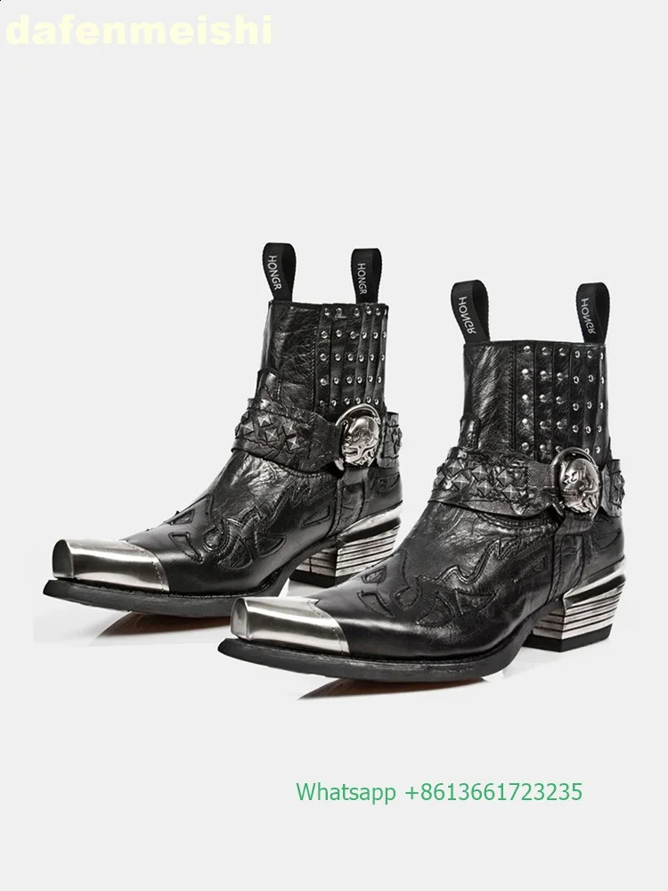 Metal square toe thick boots with rivet buckle black Leath Western cowboy for menwomen height increasing 241028
