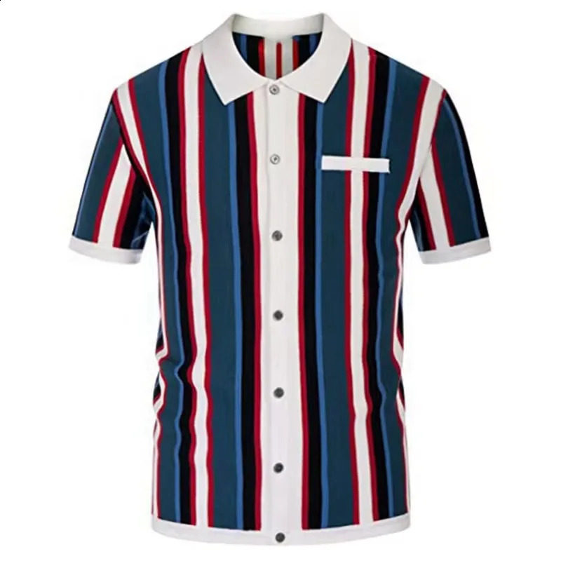 Summer Men Clothing Knit Short Sleeve Polo Shirt Casual Classics Stripes Lapel Button Slim Fit Cardigan Breathable Tops 240927